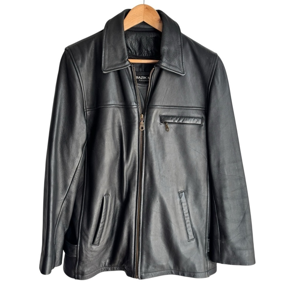 Bazik Noir Classic Leather Jacket Mens L Black Soft Full Zip Sleek Biker Urban